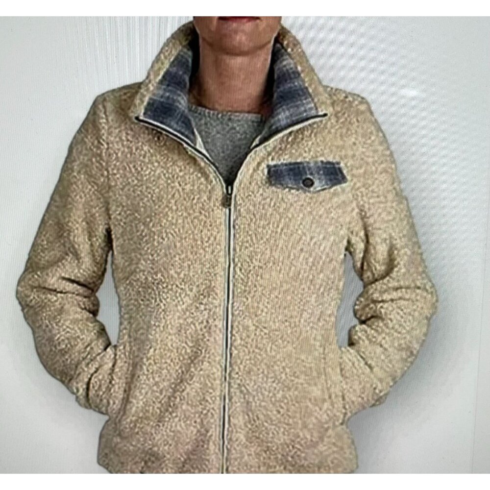 Pendleton Beige Sherpa Fleece Jacket L/G Full Zip Plaid Lining Womens Outerwear